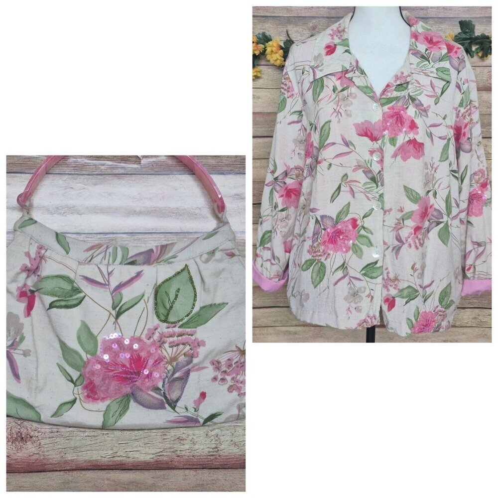 Vintage Beaded Floral Jacket & Matching Handbag Purse Cotton/Flax Plus Size 1X